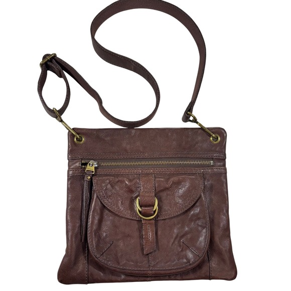 VTG Fossil Brown Leather Crossbody Bag Front Pocket Zipper Flap Purse - Picture 1 of 12